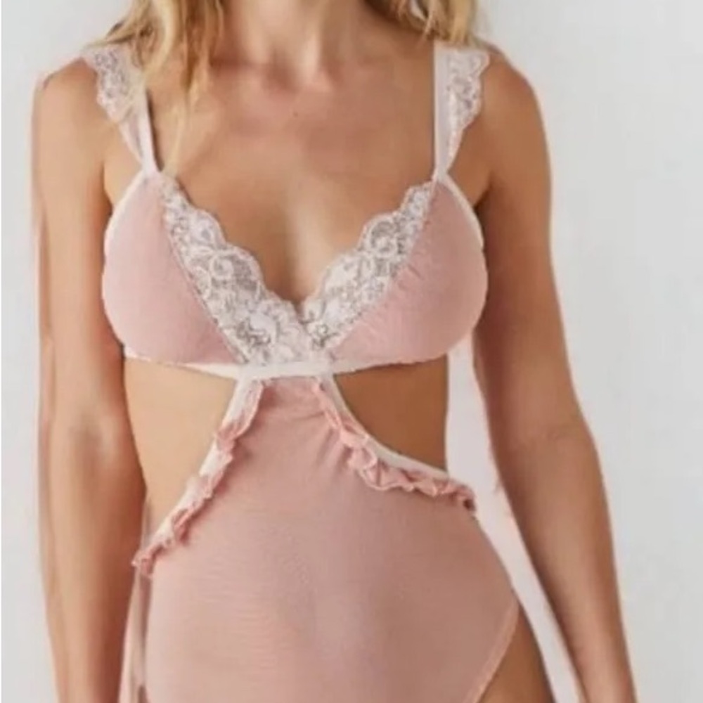 Free People Pink Lace Trim Bodysuit Small